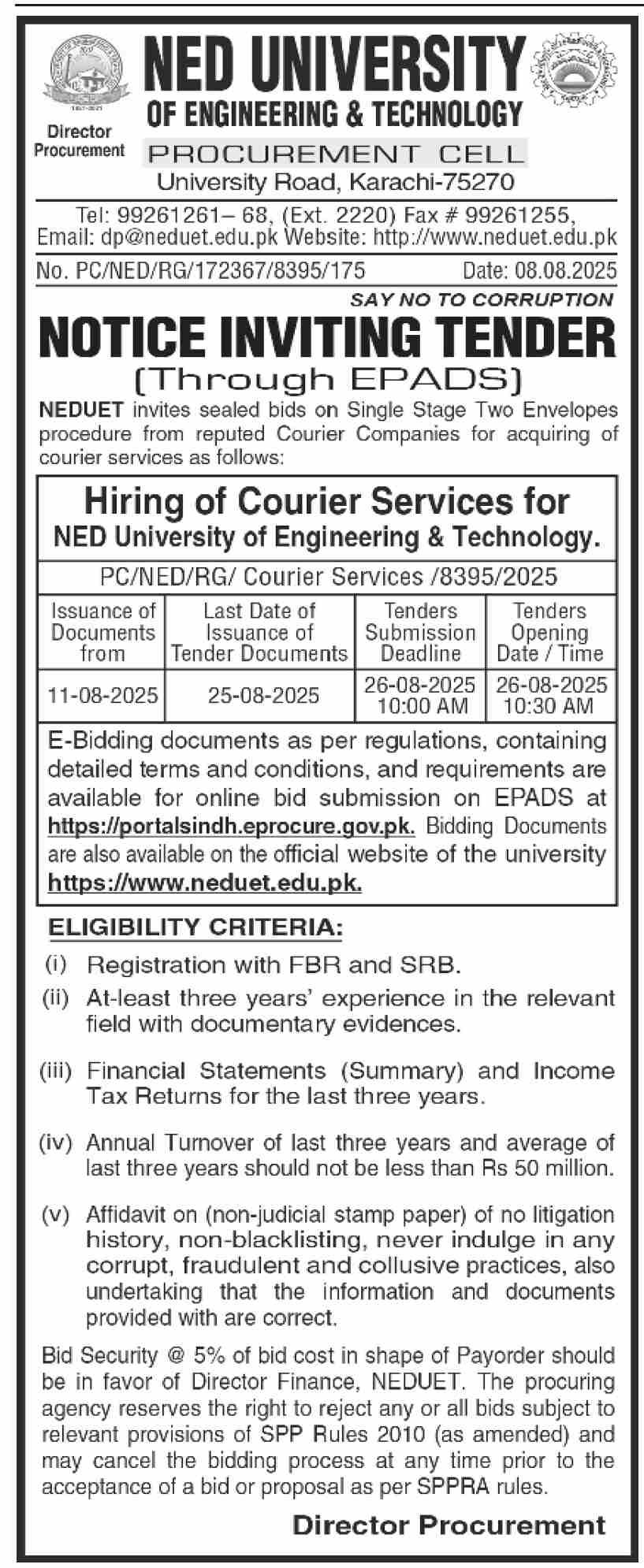 Ned University of Engineering & Technology Karachi Tender Notice